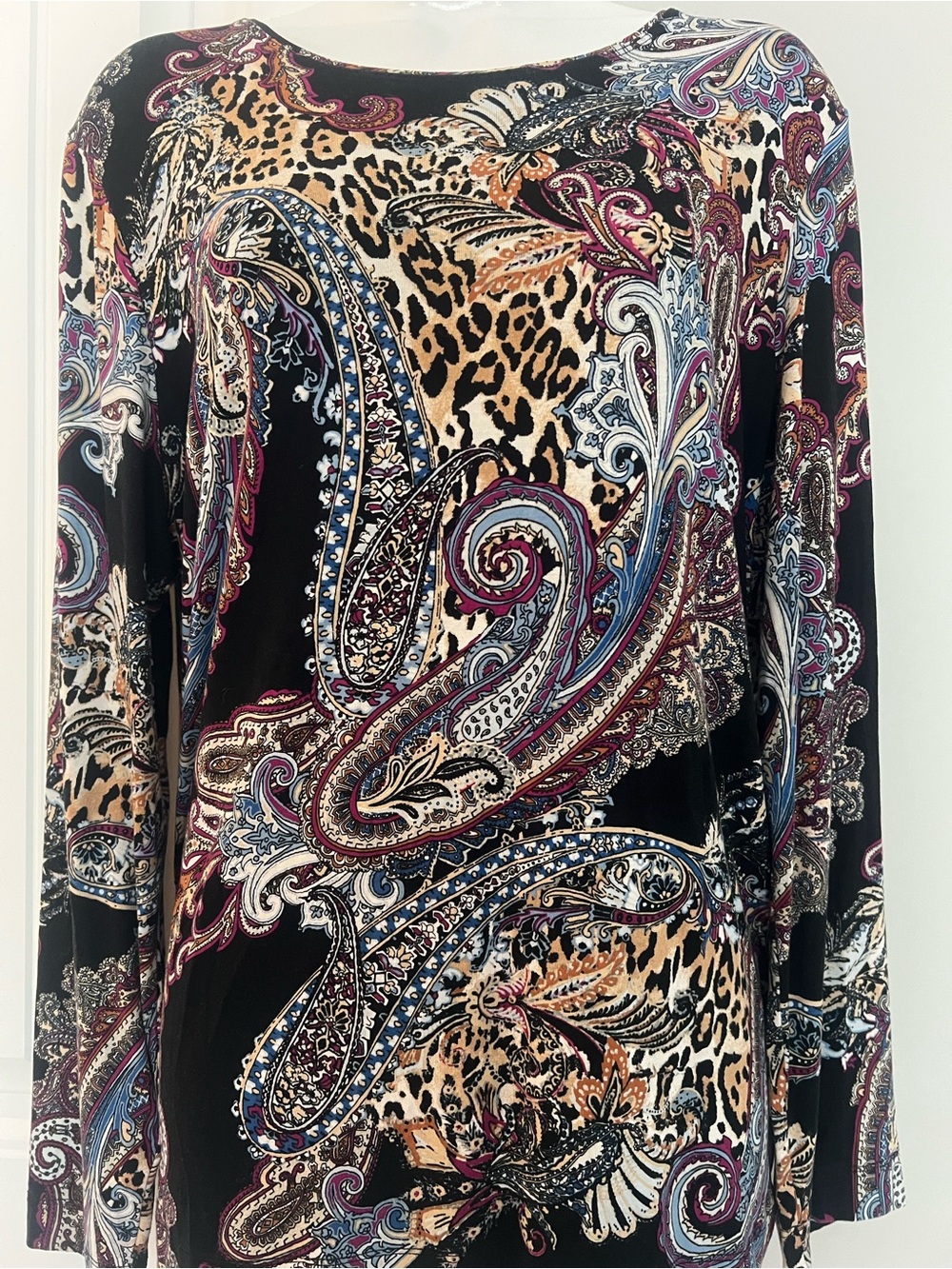Chico’s Animal & Paisley Print Long Sleeve Knit Tunic Top Sz 2/12/L